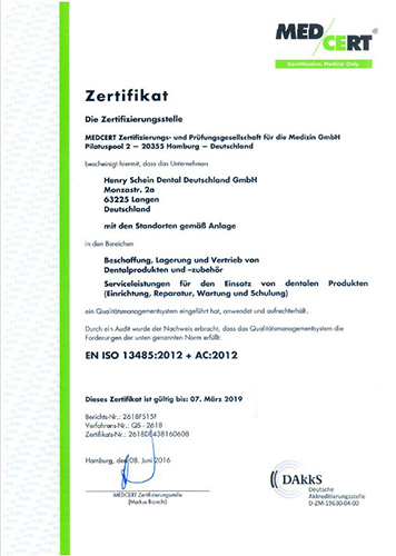DIN EN ISO 13485:2012 Zertifikat gültig bis 7.03.2019